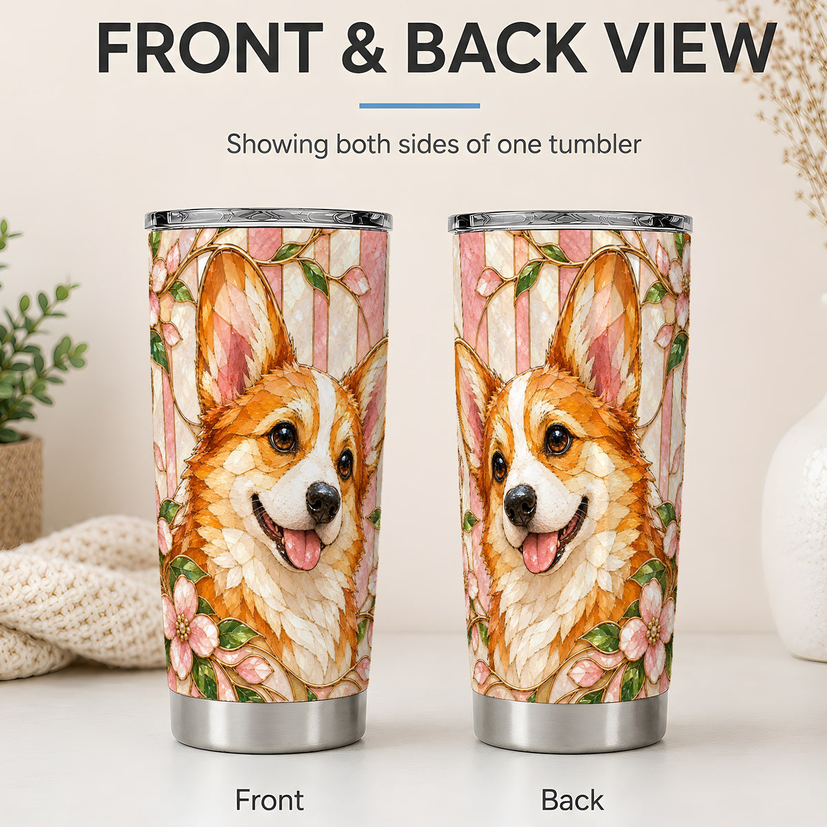 #pl[20oz|Steel] Corgi Floral 20oz Tumbler, Stained Glass Style Dog Portrait Art