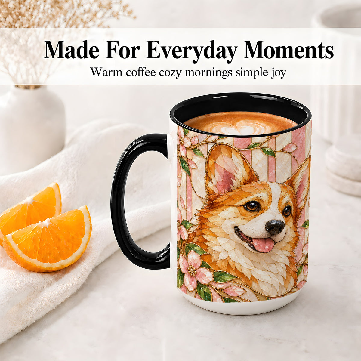 #pl[15oz|Black] Floral Corgi Ceramic Mug, Stained Glass Style Dog Artwork
