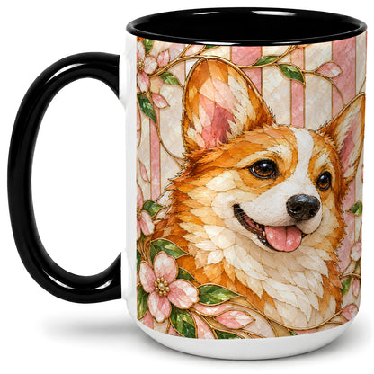 #pl[15oz|Black] Floral Corgi Ceramic Mug, Stained Glass Style Dog Artwork