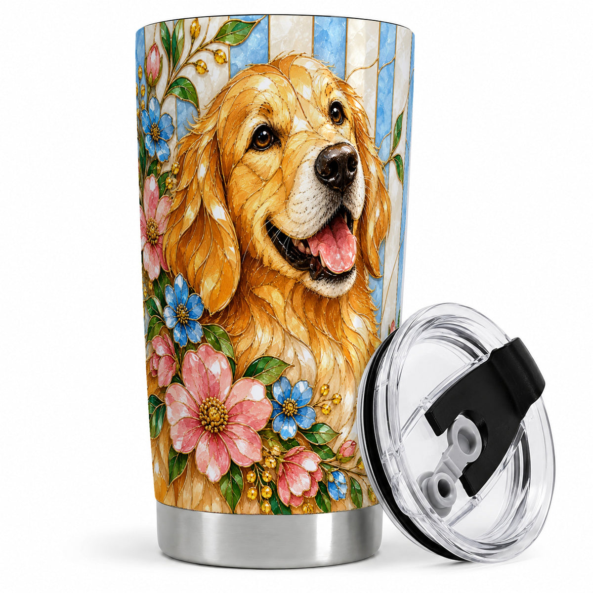 Golden Retriever Floral 20oz Tumbler, Stained Glass Style Artwork