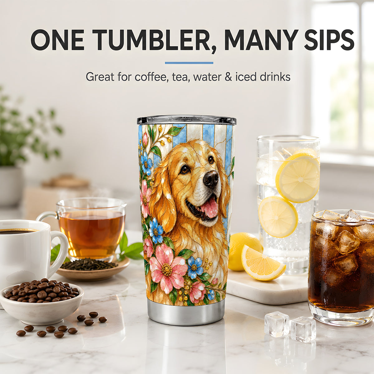 Golden Retriever Floral 20oz Tumbler, Stained Glass Style Artwork