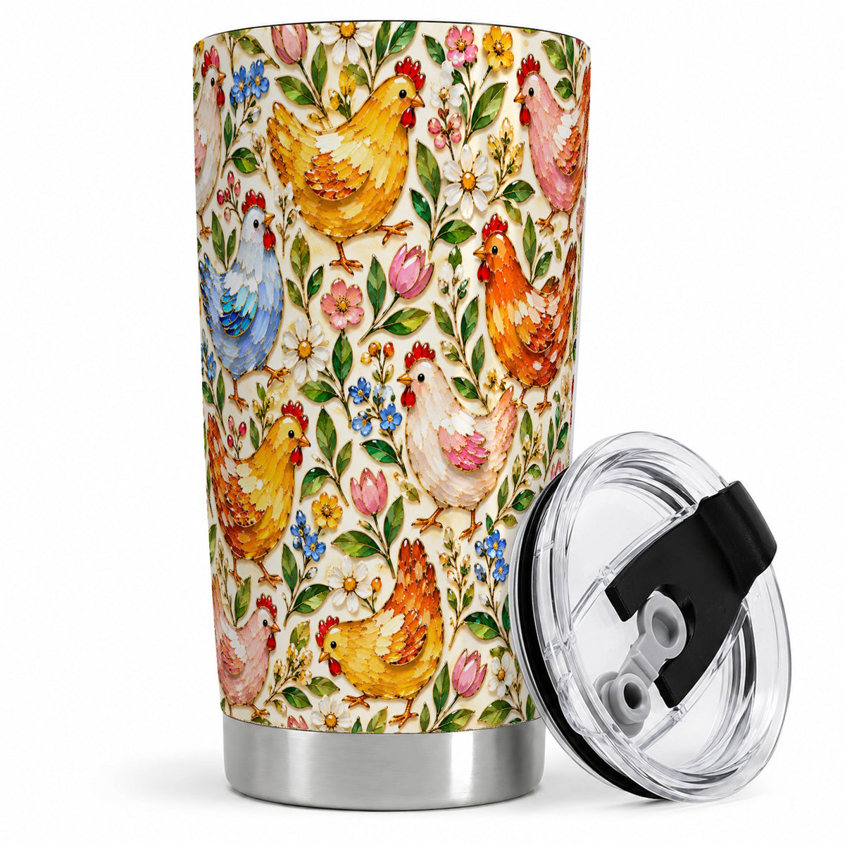 Colorful Chicken Floral 20oz Tumbler, Farm Bird Pattern Drinkware