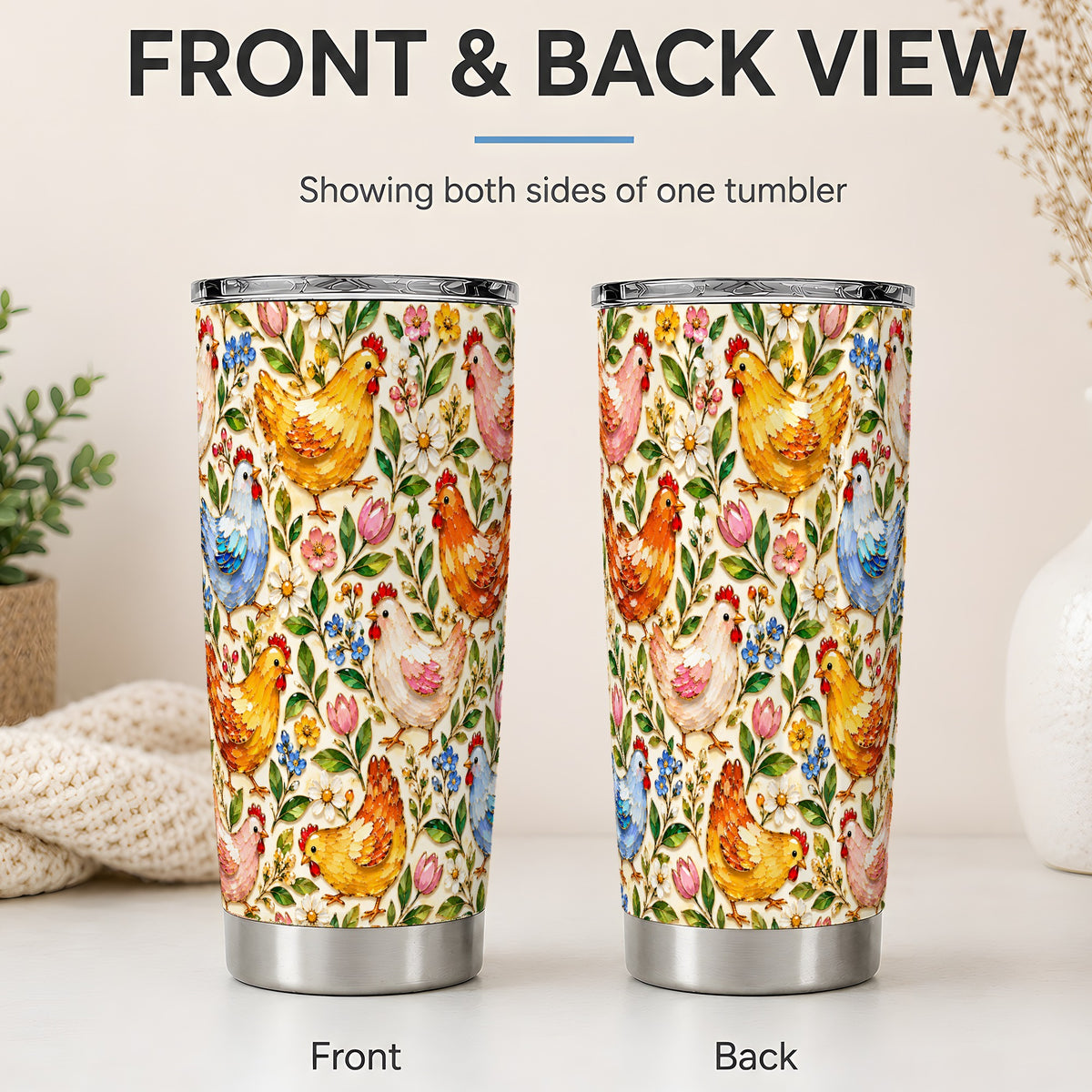 #pl[20oz|Steel] Colorful Chicken Floral 20oz Tumbler, Farm Bird Pattern Drinkware