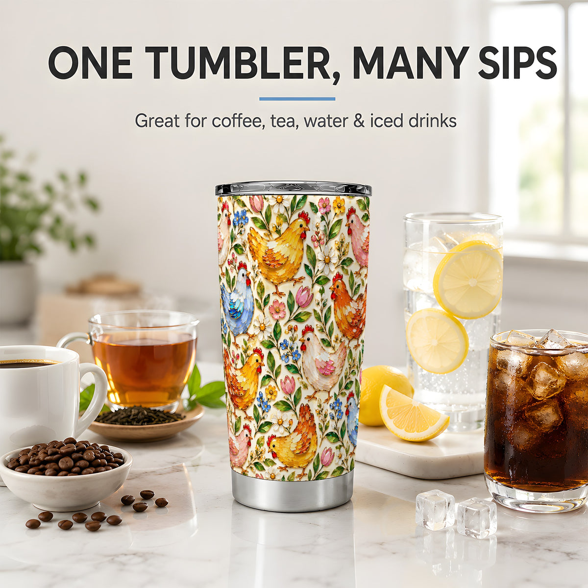 Colorful Chicken Floral 20oz Tumbler, Farm Bird Pattern Drinkware