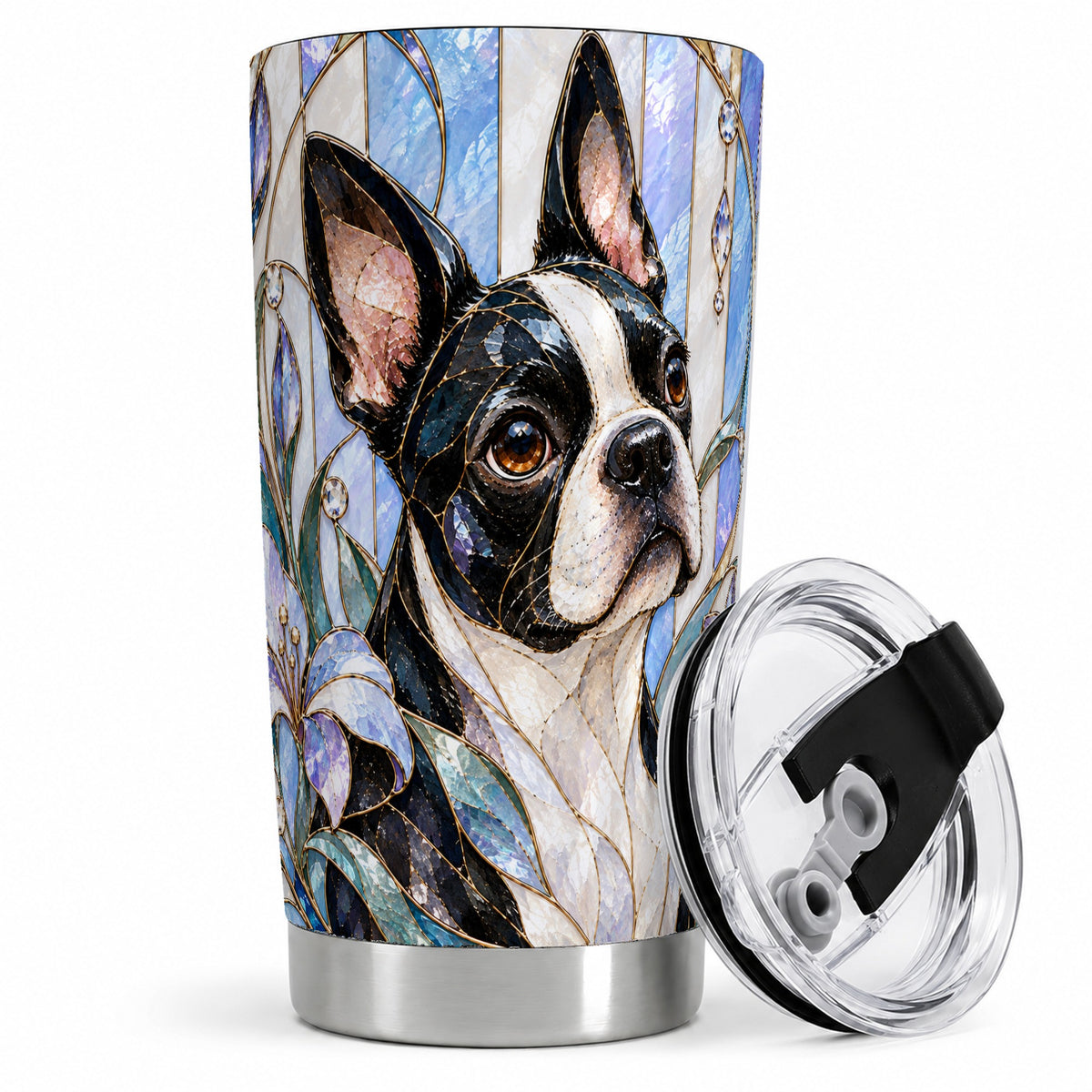 Boston Terrier Floral 20oz Tumbler, Stained Glass Style Artwork