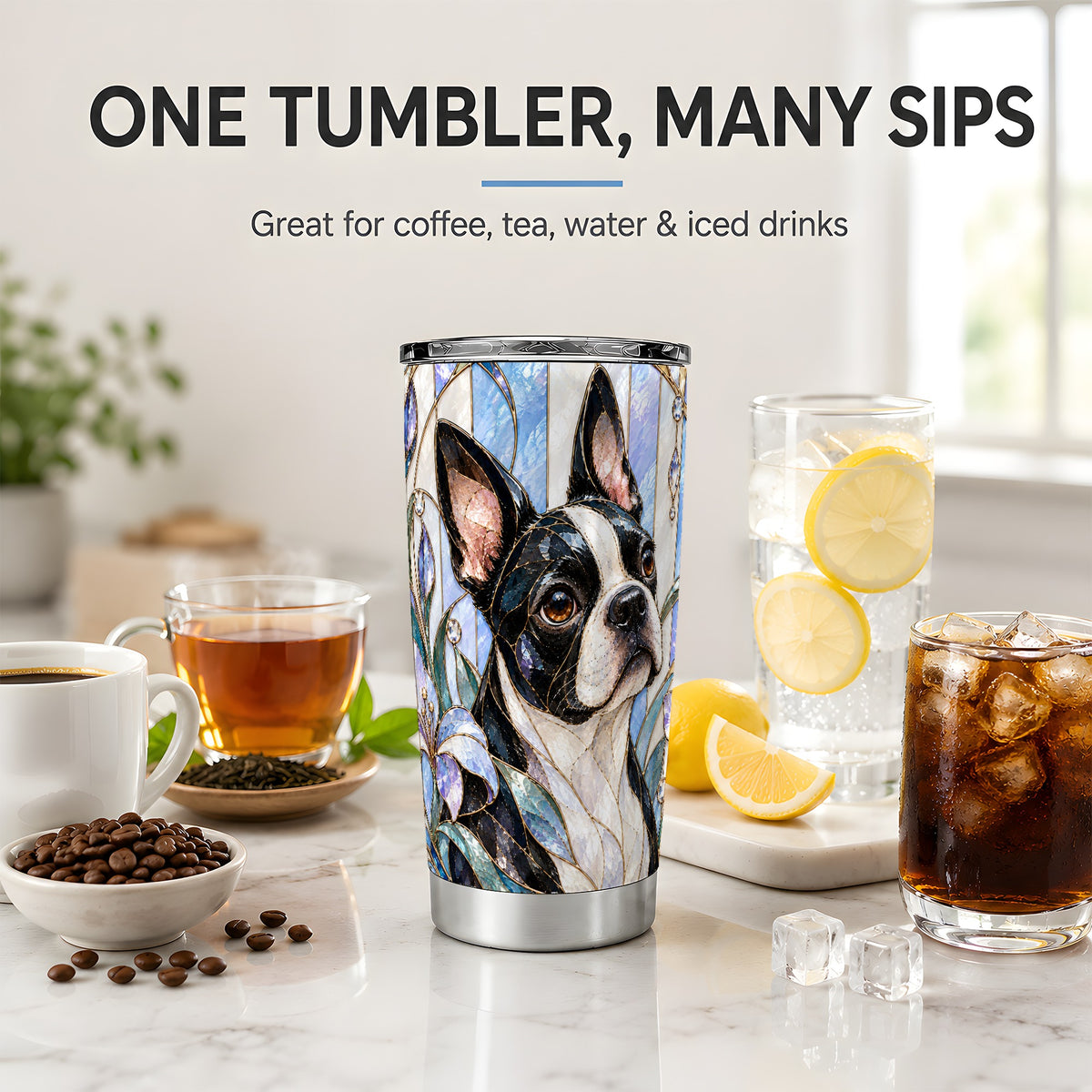 Boston Terrier Floral 20oz Tumbler, Stained Glass Style Artwork