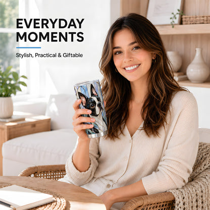 #pl[20oz|Steel] Boston Terrier Floral 20oz Tumbler, Stained Glass Style Artwork