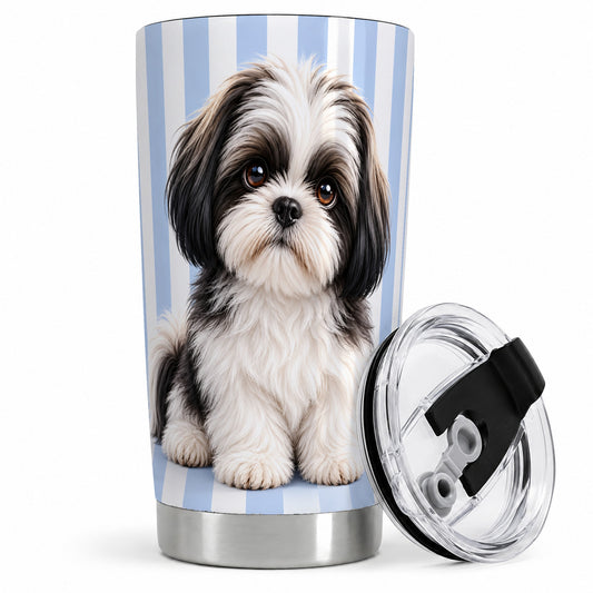 Shih Tzu Blue Stripe 20oz Tumbler, Black White Dog Portrait Design