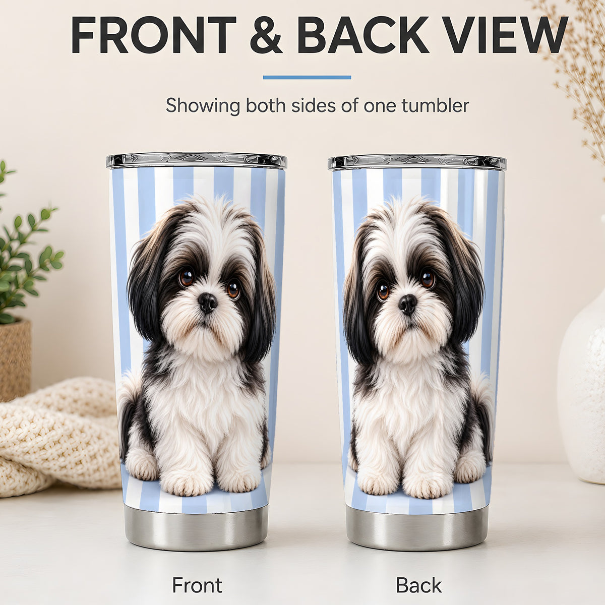 #pl[20oz|Steel] Shih Tzu Blue Stripe 20oz Tumbler, Black White Dog Portrait Design