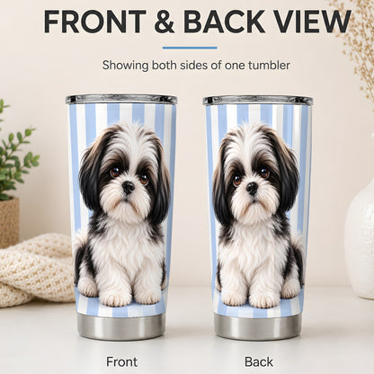 #pl[20oz|Steel] Shih Tzu Blue Stripe 20oz Tumbler, Black White Dog Portrait Design