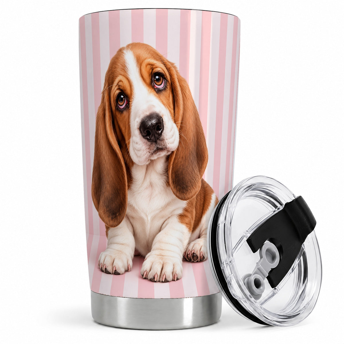 Basset Hound Pink Stripe 20oz Tumbler, Puppy Portrait Design