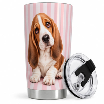 Basset Hound Pink Stripe 20oz Tumbler, Puppy Portrait Design