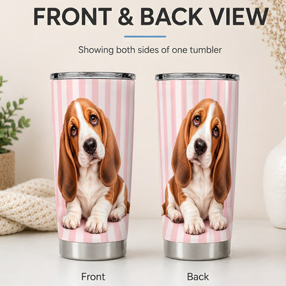 #pl[20oz|Steel] Basset Hound Pink Stripe 20oz Tumbler, Puppy Portrait Design