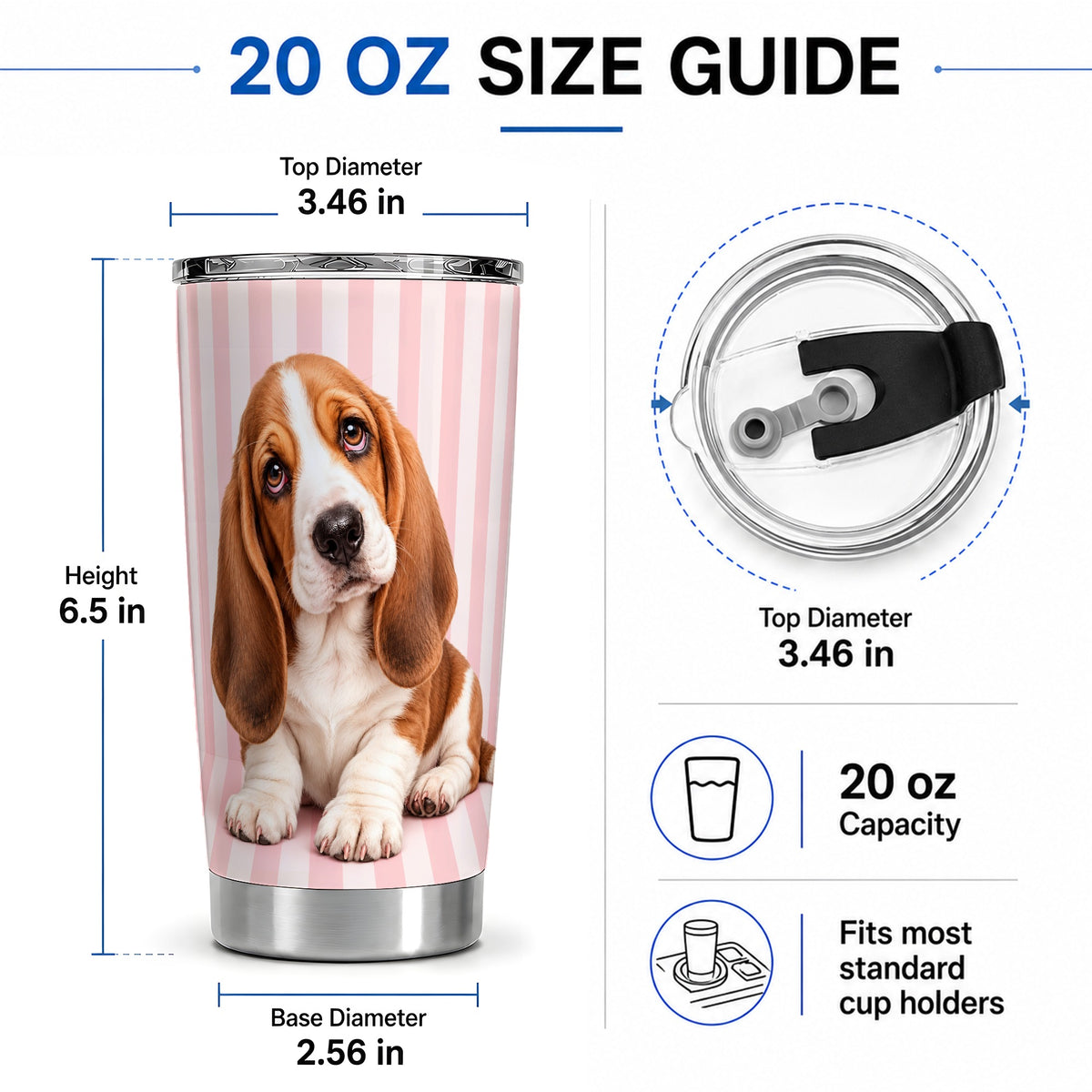 #pl[20oz|Steel] Basset Hound Pink Stripe 20oz Tumbler, Puppy Portrait Design