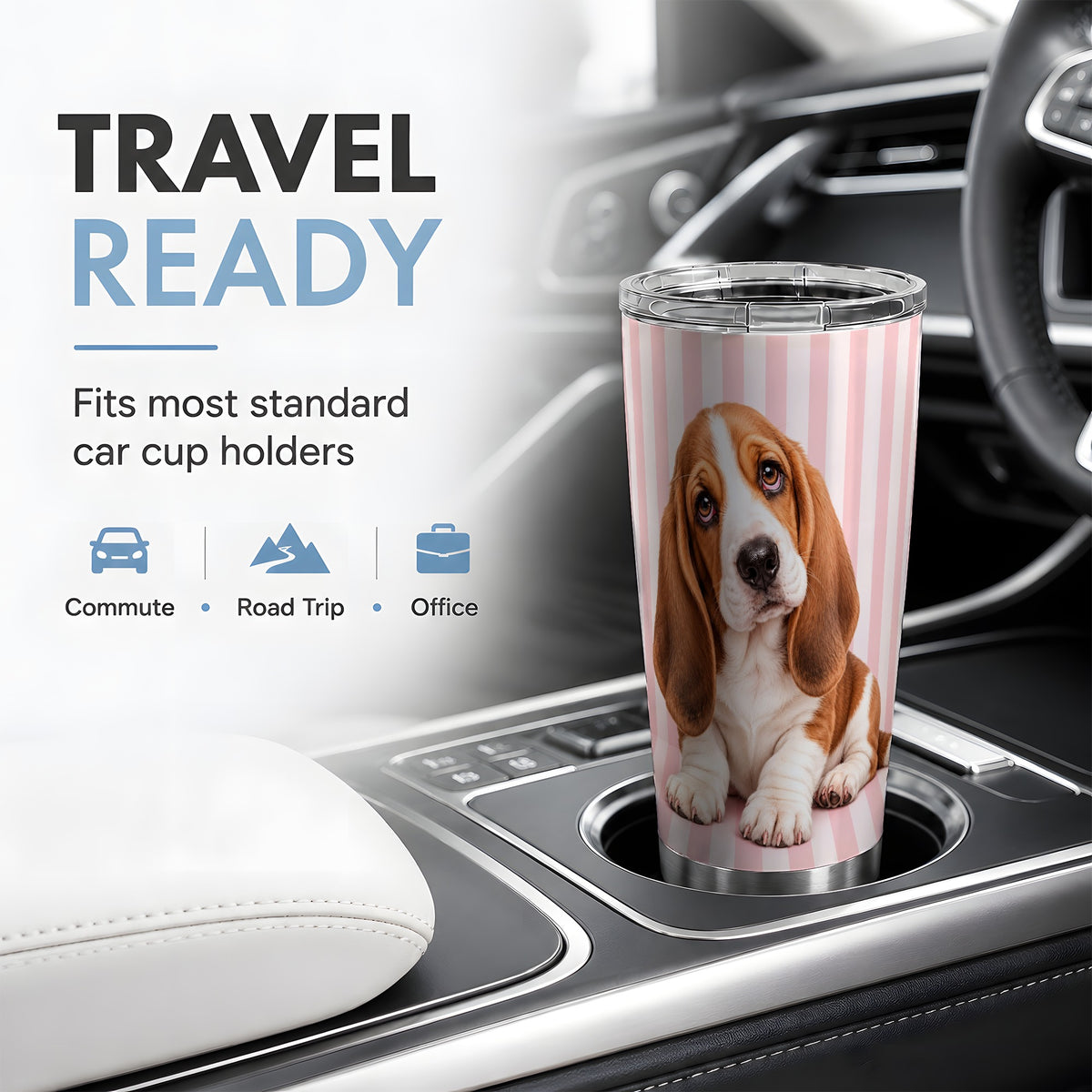Basset Hound Pink Stripe 20oz Tumbler, Puppy Portrait Design