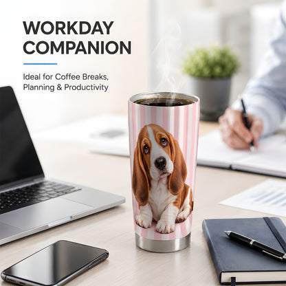 Basset Hound Pink Stripe 20oz Tumbler, Puppy Portrait Design