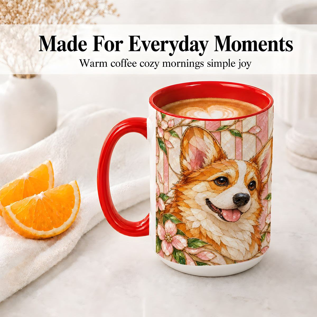 #pl[15oz|Red] Floral Corgi Ceramic Mug, Stained Glass Style Dog Artwork