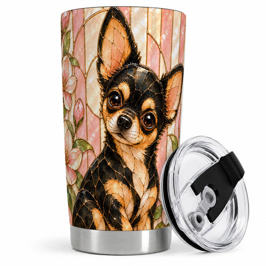 Chihuahua Pink Floral 20oz Tumbler, Stained Glass Style Dog Artwork