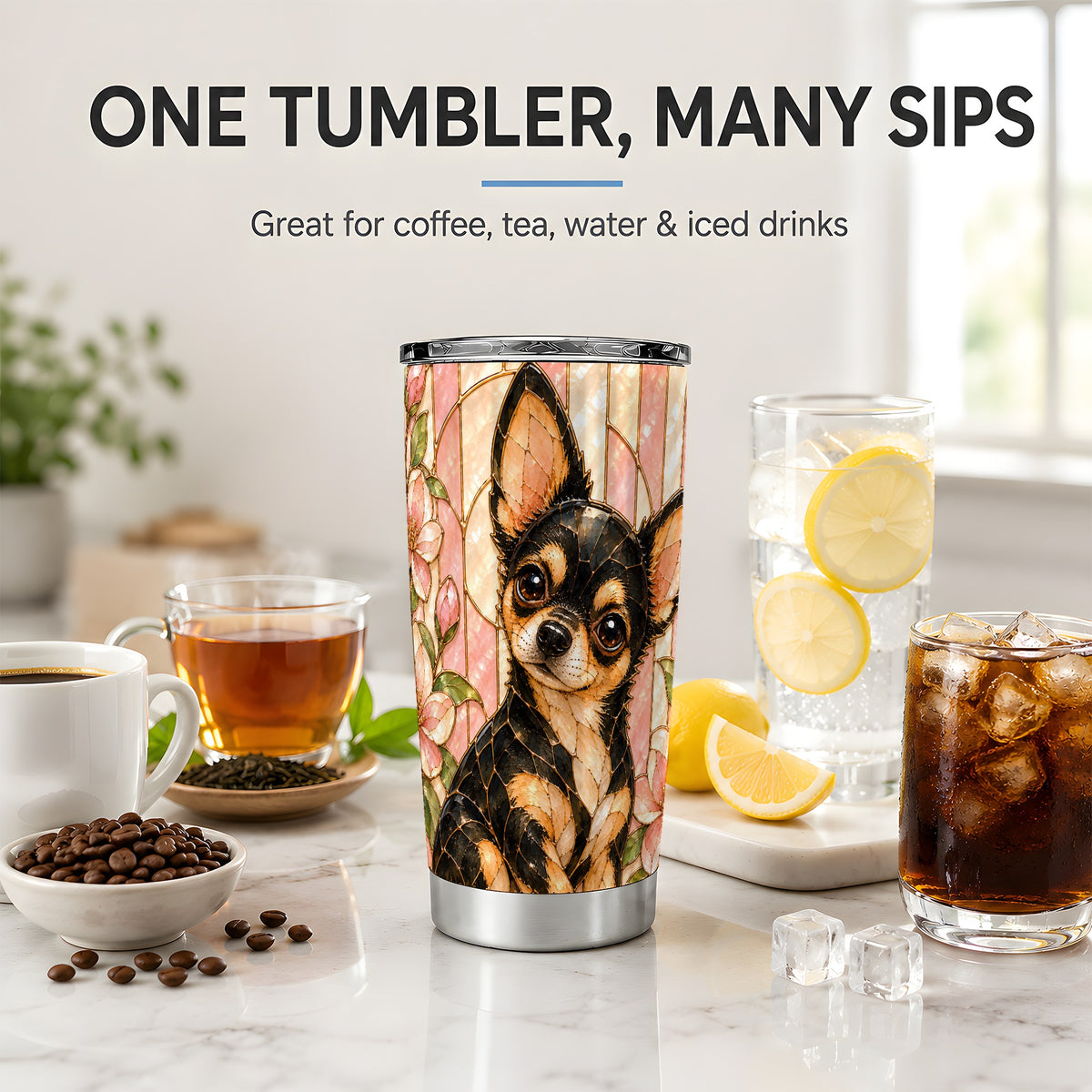 Chihuahua Pink Floral 20oz Tumbler, Stained Glass Style Dog Artwork