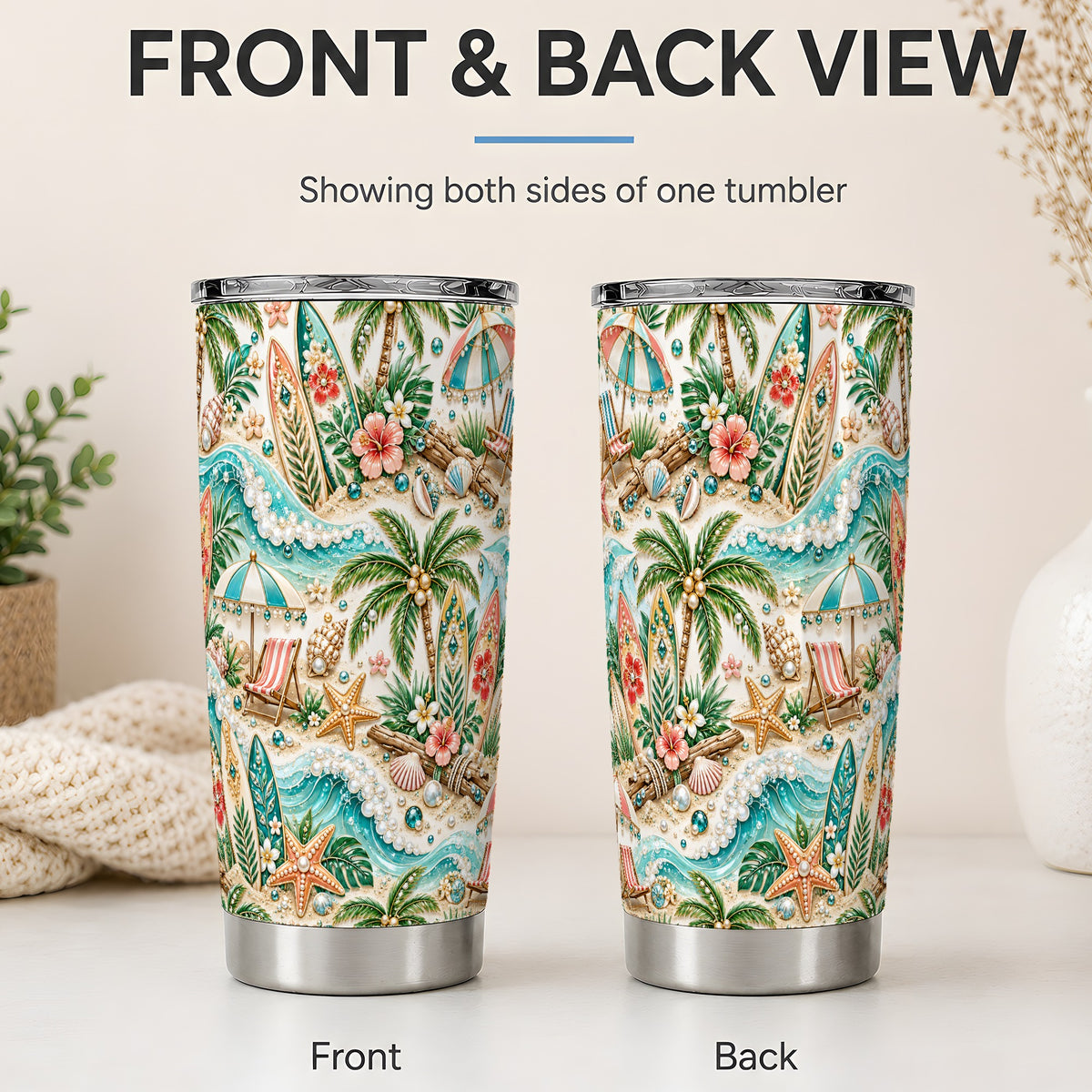 #pl[20oz|Steel] Tropical Surf Beach Pattern 20oz Tumbler with Palm Tree Coastal Artwork