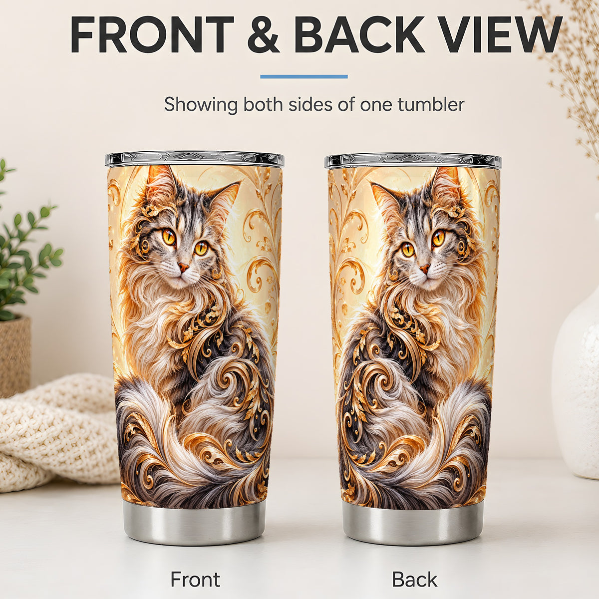 #pl[20oz|Steel] Ornate Baroque Cat Floral 20oz Tumbler with Golden Scroll Artwork