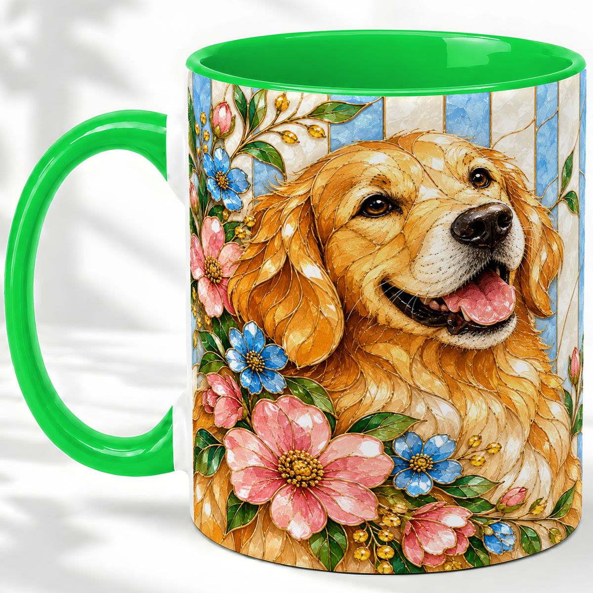 #pl[11oz|Green] Floral Golden Retriever Ceramic Mug, Stained Glass Style Dog Art