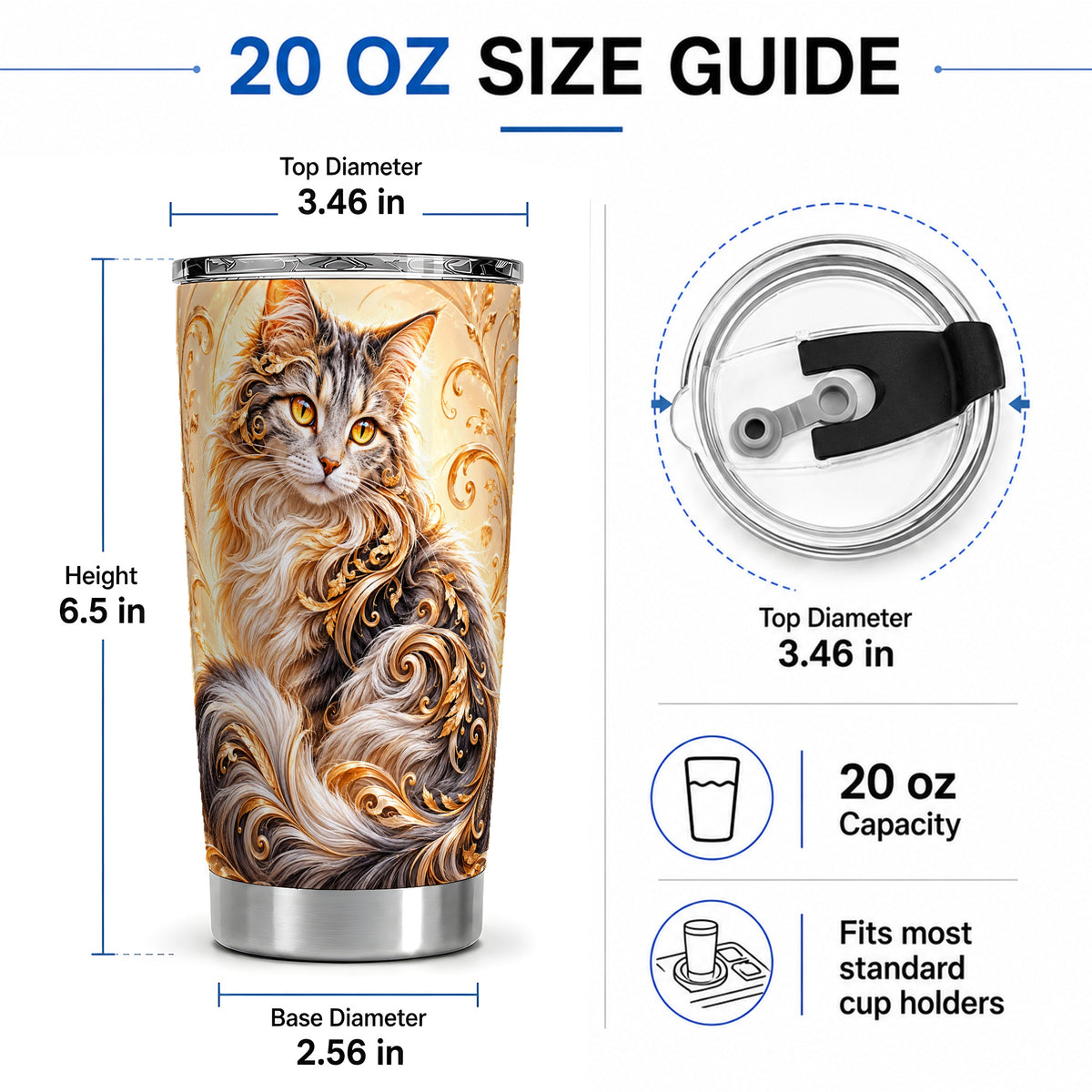 #pl[20oz|Steel] Ornate Baroque Cat Floral 20oz Tumbler with Golden Scroll Artwork