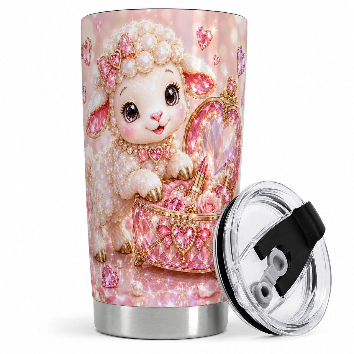 Pink Jeweled Lamb Vanity 20oz Tumbler with Heart Bow Pearl Artwork