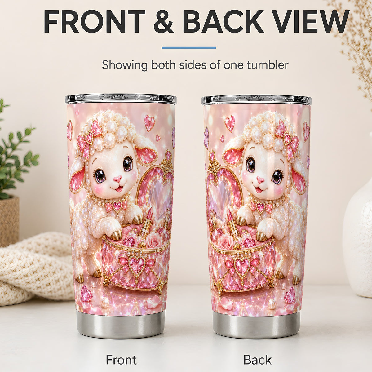 #pl[20oz|Steel] Pink Jeweled Lamb Vanity 20oz Tumbler with Heart Bow Pearl Artwork