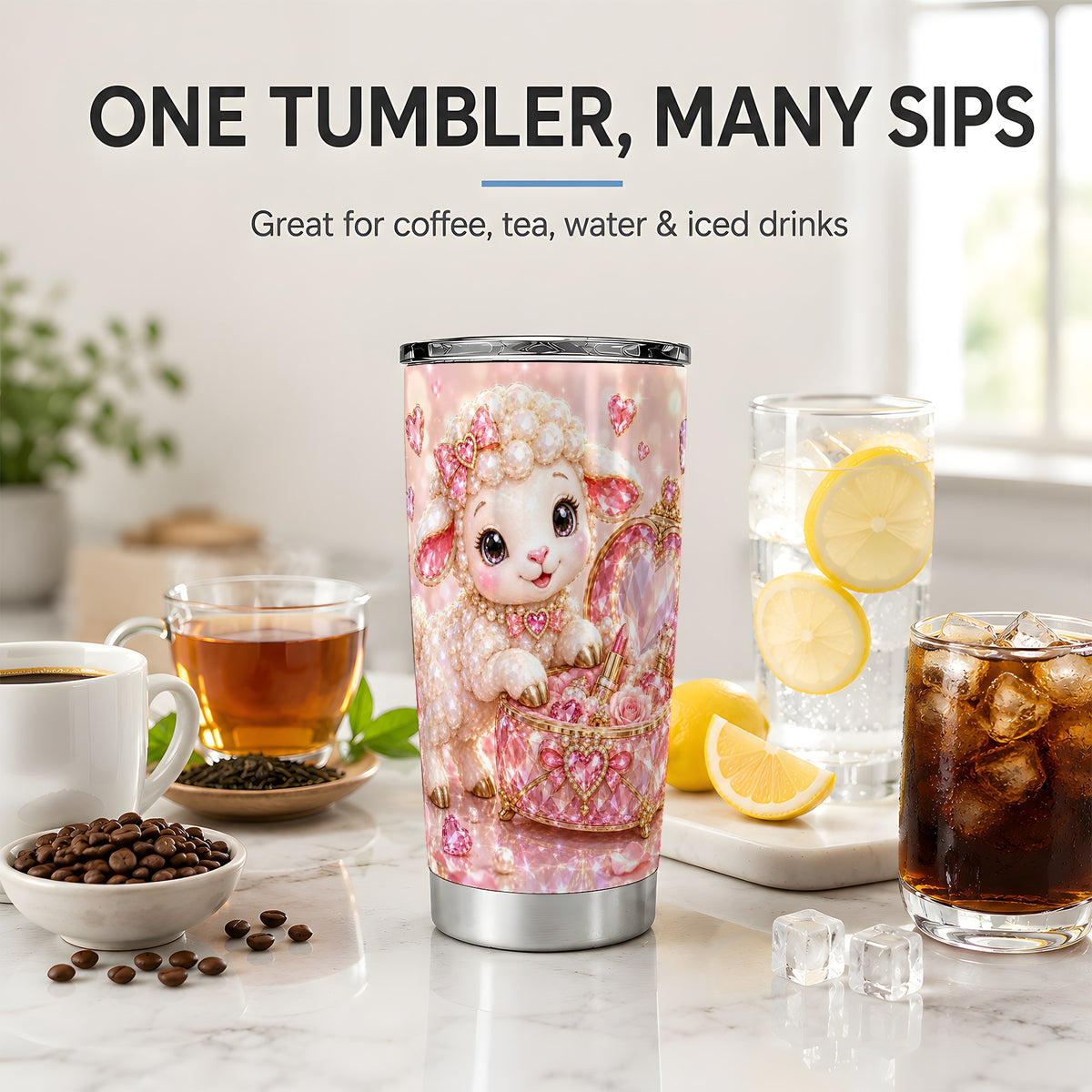 Pink Jeweled Lamb Vanity 20oz Tumbler with Heart Bow Pearl Artwork