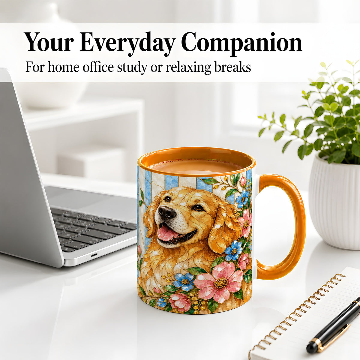 #pl[11oz|Orange] Floral Golden Retriever Ceramic Mug, Stained Glass Style Dog Art