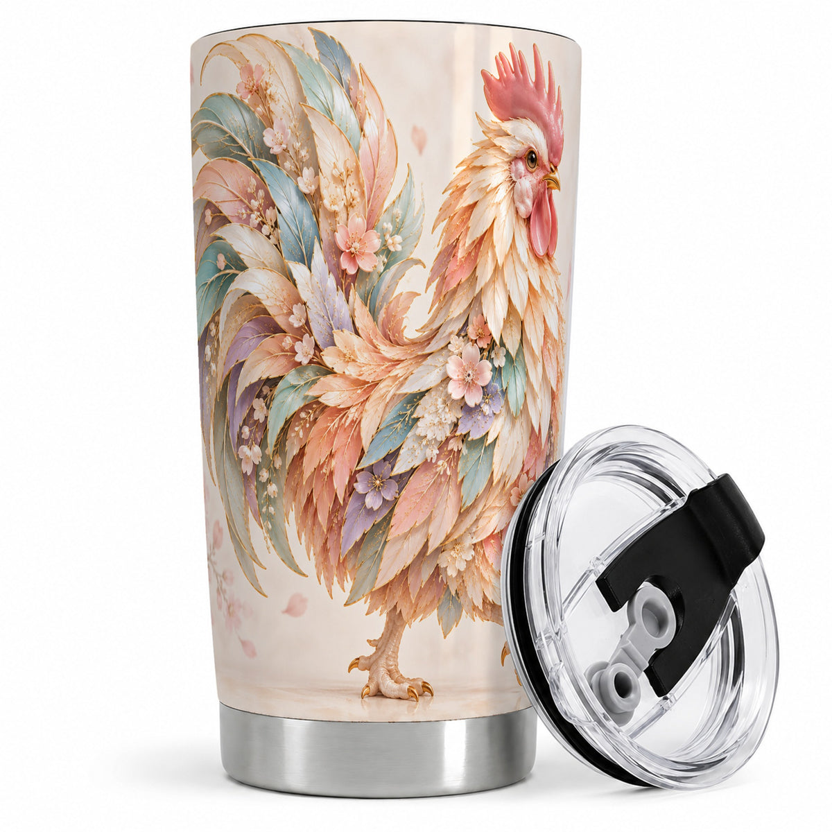 Pastel Floral Rooster 20oz Tumbler with Botanical Feather Artwork