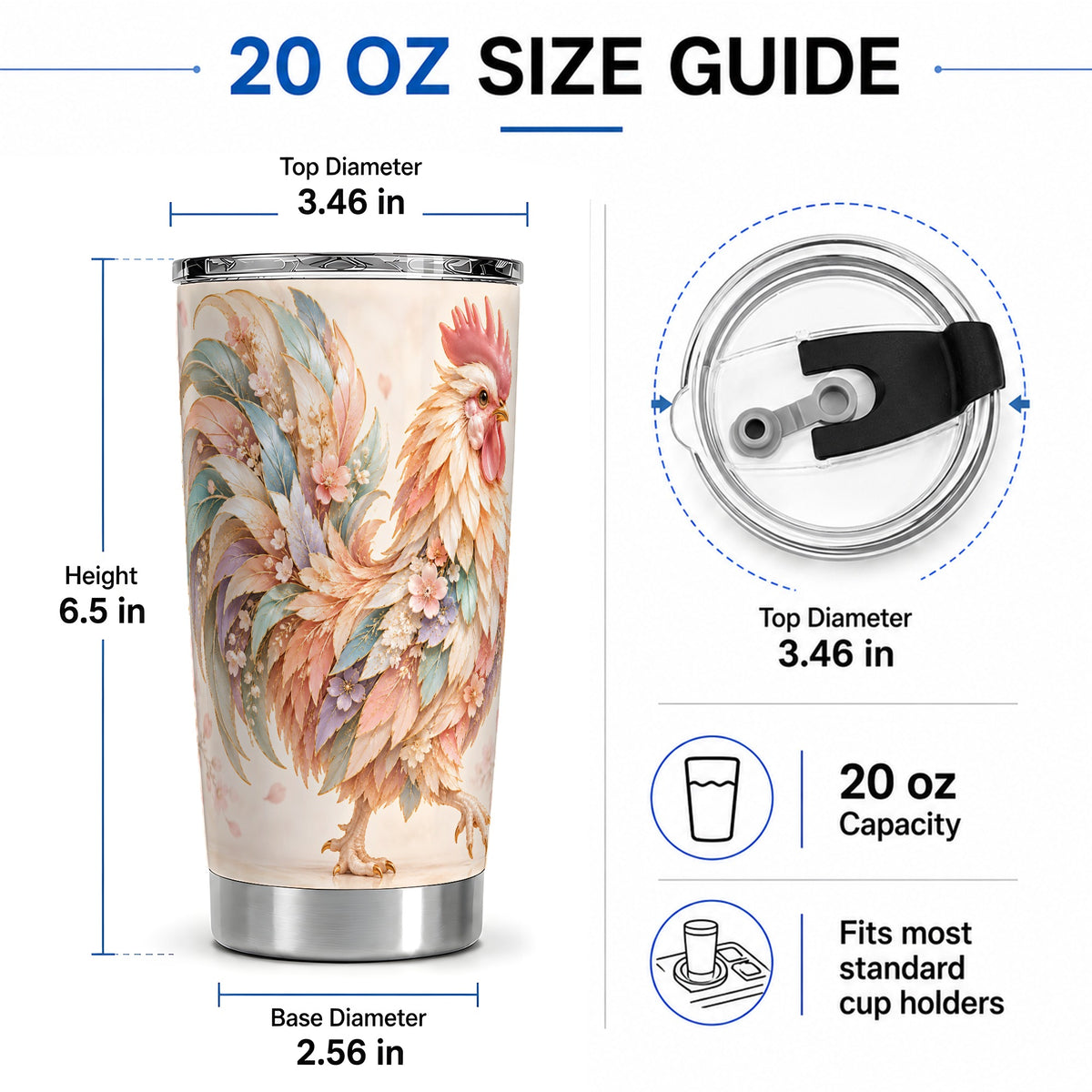 #pl[20oz|Steel] Pastel Floral Rooster 20oz Tumbler with Botanical Feather Artwork