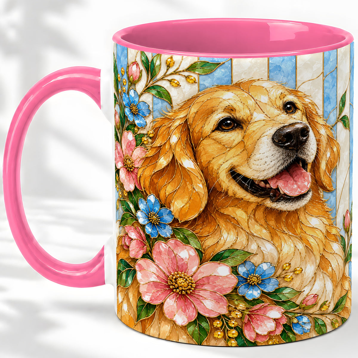 #pl[11oz|Pink] Floral Golden Retriever Ceramic Mug, Stained Glass Style Dog Art