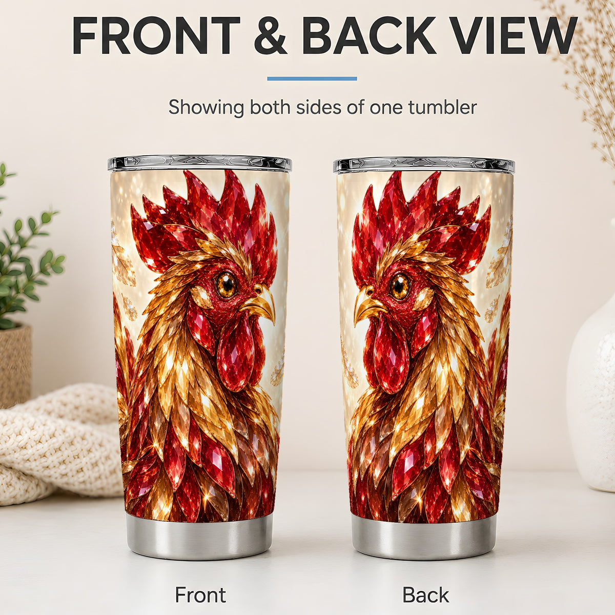 #pl[20oz|Steel] Red Jewel Rooster Golden Feather 20oz Tumbler Artwork for Rooster Lovers
