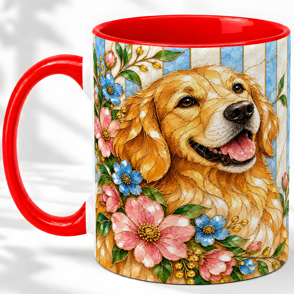 Floral Golden Retriever Ceramic Mug, Stained Glass Style Dog Art