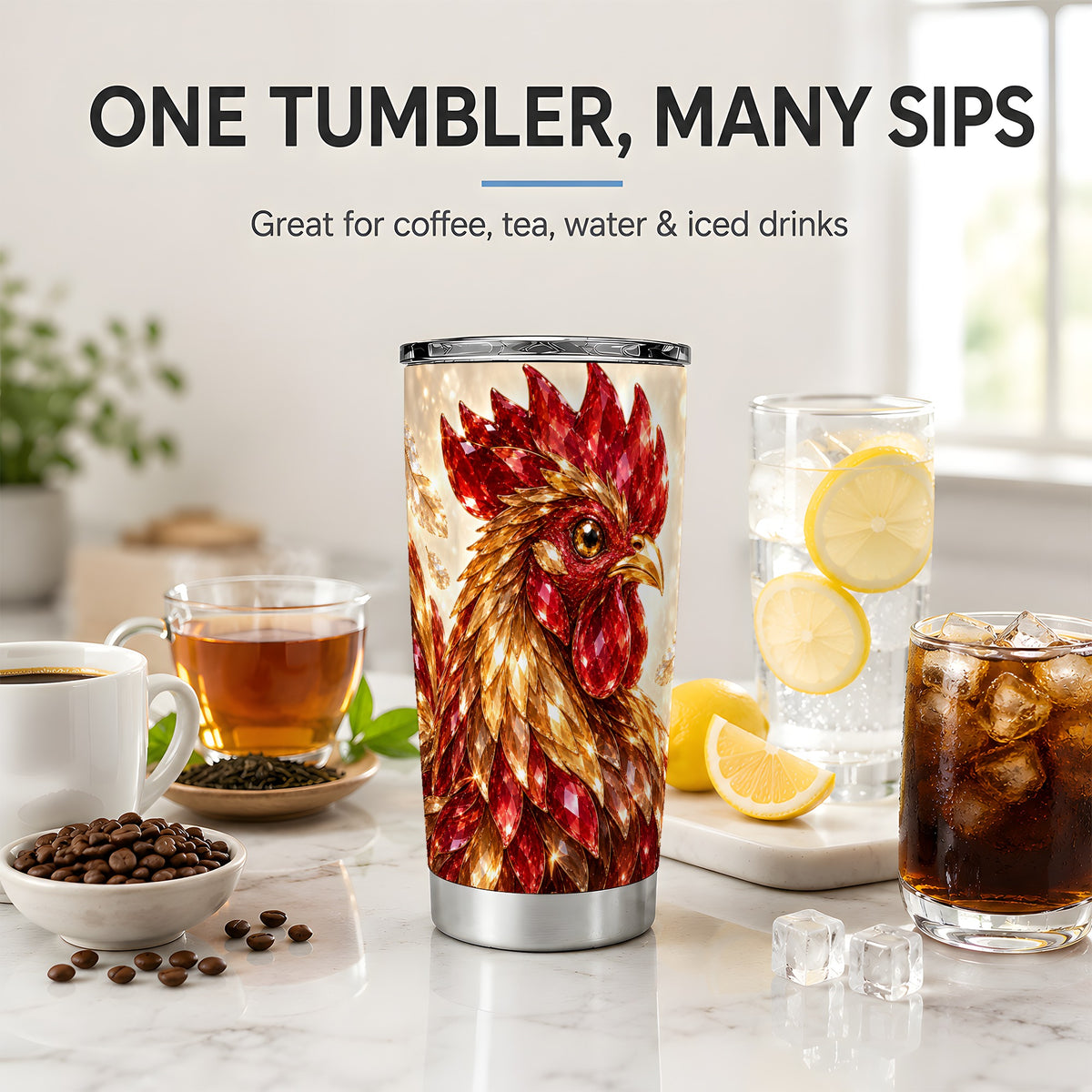 Red Jewel Rooster Golden Feather 20oz Tumbler Artwork for Rooster Lovers