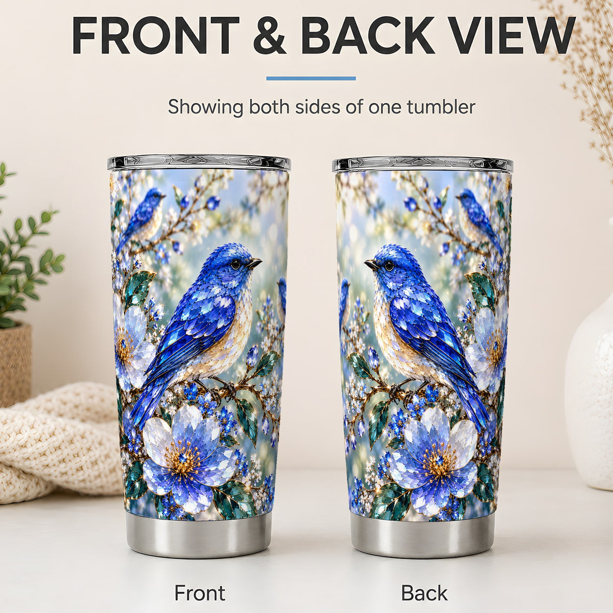 #pl[20oz|Steel] Blue Bird Blossom Floral Garden 20oz Tumbler Artwork for Bird Lovers