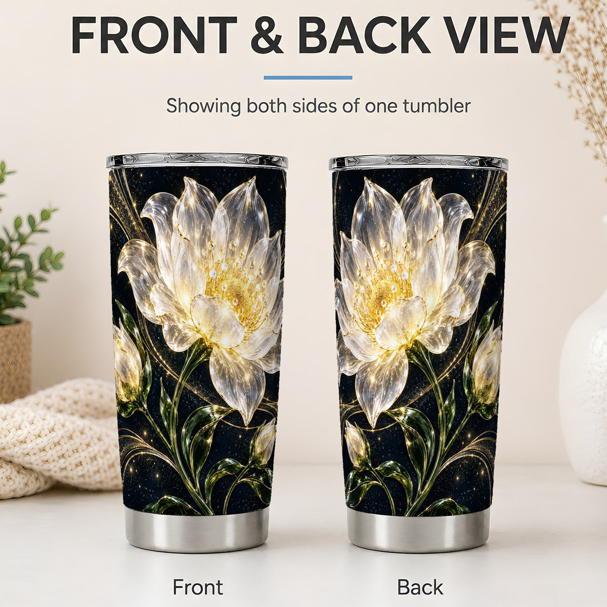 #pl[20oz|Steel] Crystal Style White Flower 20oz Tumbler with Gold Botanical Artwork
