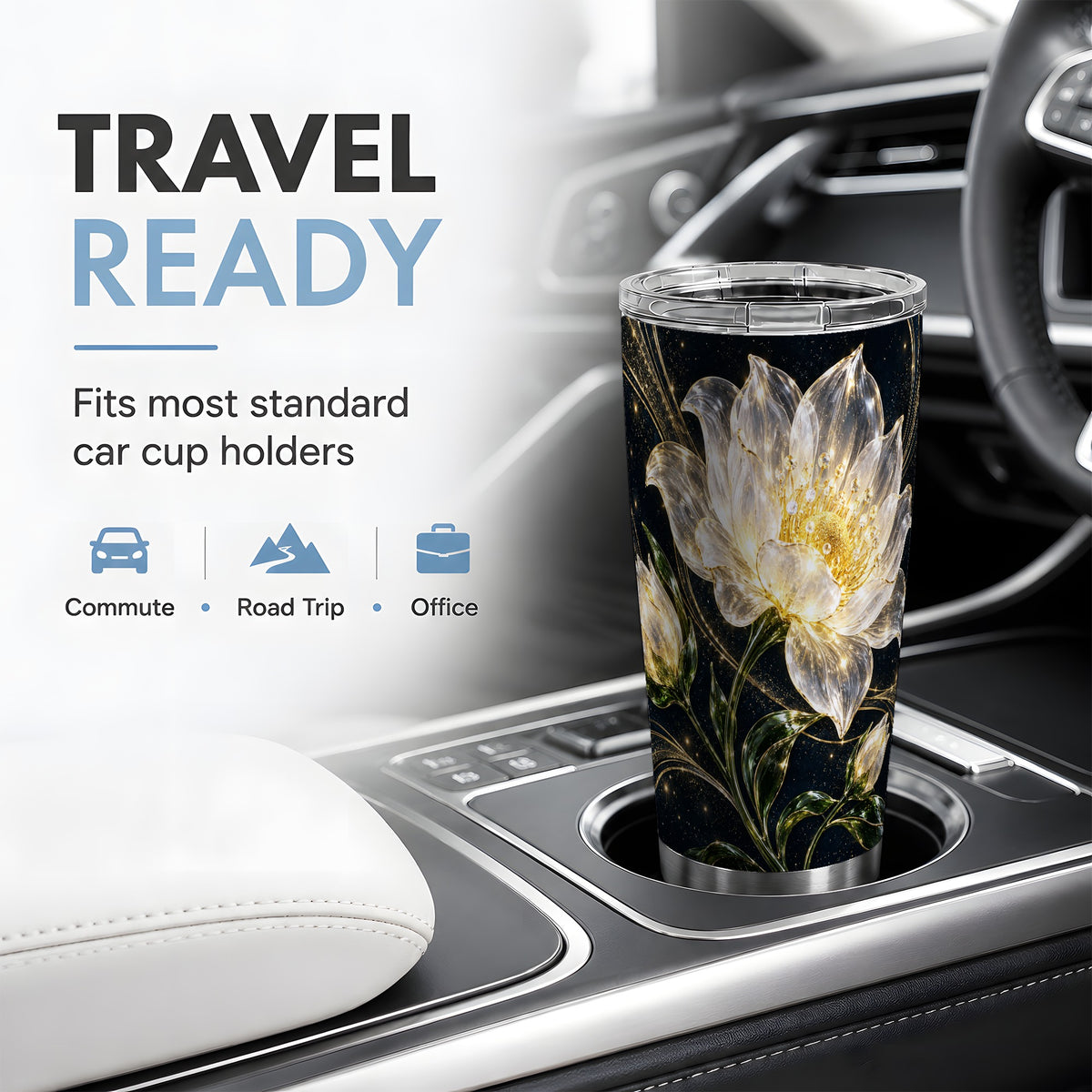 Crystal Style White Flower 20oz Tumbler with Gold Botanical Artwork