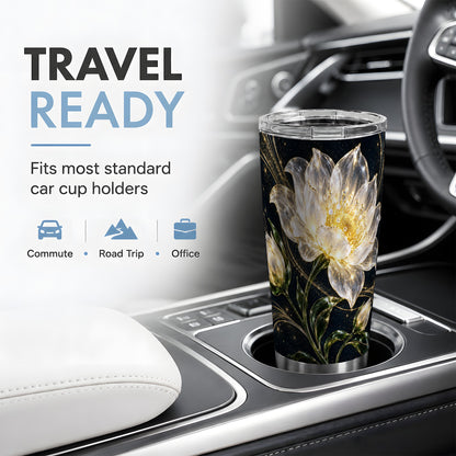 Crystal Style White Flower 20oz Tumbler with Gold Botanical Artwork