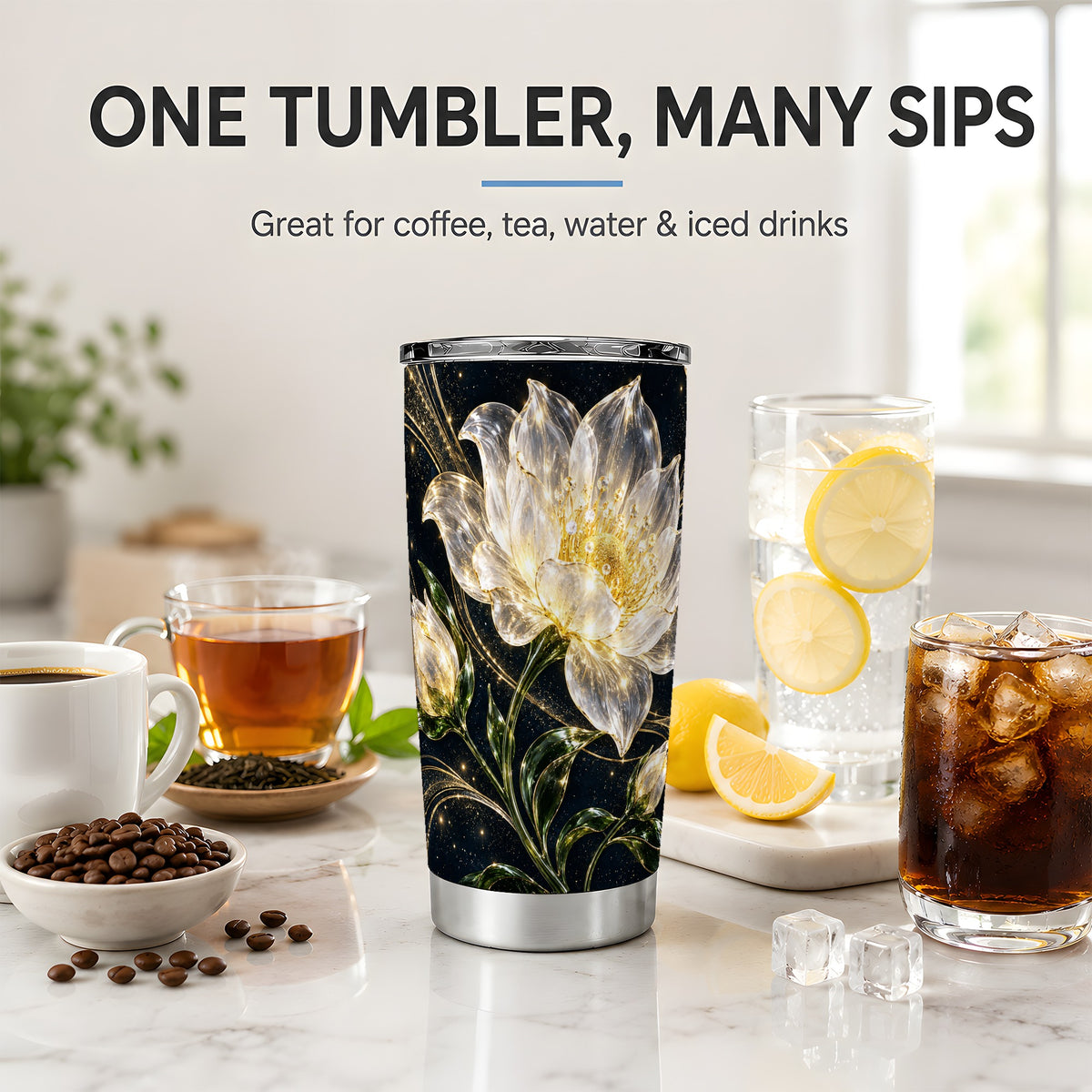 Crystal Style White Flower 20oz Tumbler with Gold Botanical Artwork