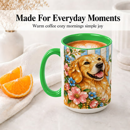 #pl[15oz|Green] Floral Golden Retriever Ceramic Mug, Stained Glass Style Dog Art