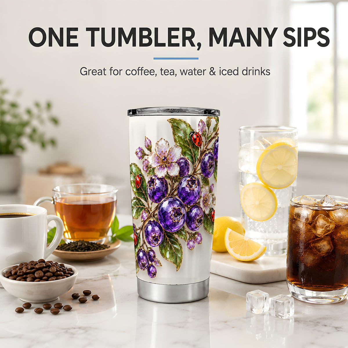Purple Berry Ladybug Garden Floral 20oz Tumbler with Botanical Artwork