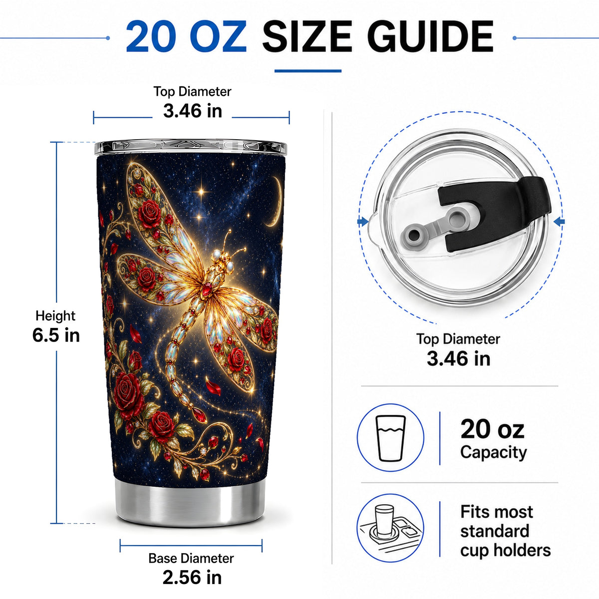 #pl[20oz|Steel] Rose Dragonfly Tumbler, 20oz Stainless Steel Tumbler with Night Sky Art