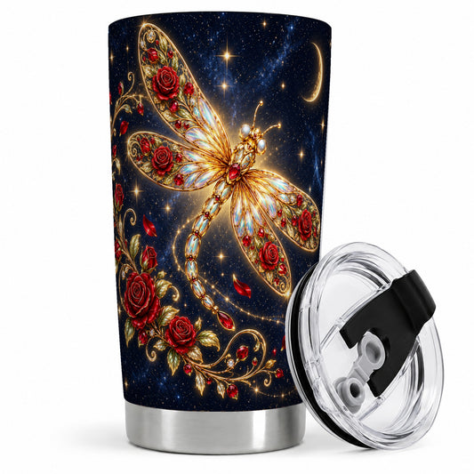 Rose Dragonfly Tumbler, 20oz Stainless Steel Tumbler with Night Sky Art