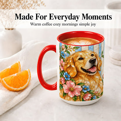#pl[15oz|Red] Floral Golden Retriever Ceramic Mug, Stained Glass Style Dog Art