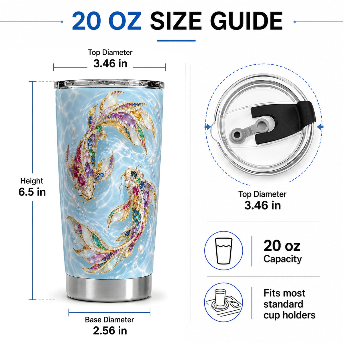 #pl[20oz|Steel] Jewel Style Koi Fish Tumbler, 20oz Stainless Steel Tumbler with Water Art