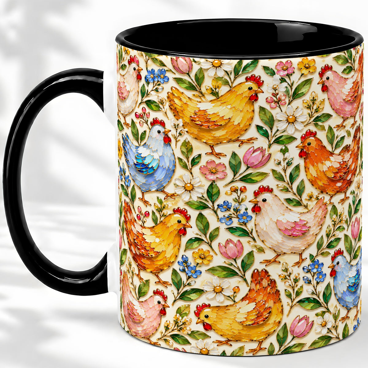 #pl[11oz|Black] Floral Chicken Pattern Ceramic Mug, Colorful Farm Bird Artwork