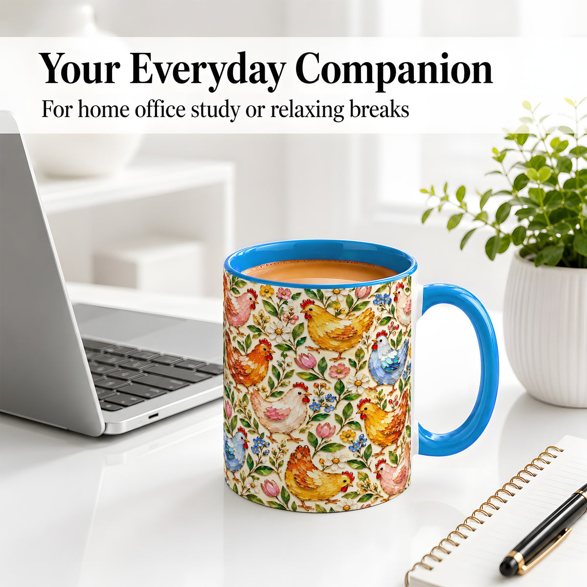 #pl[11oz|Blue] Floral Chicken Pattern Ceramic Mug, Colorful Farm Bird Artwork